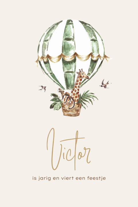 Avontuurlijke verjaardagsuitnodiging met jungledieren in luchtballon