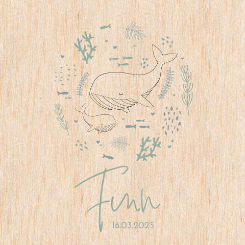 Hip geboortekaartje op echt hout met moeder en baby walvis