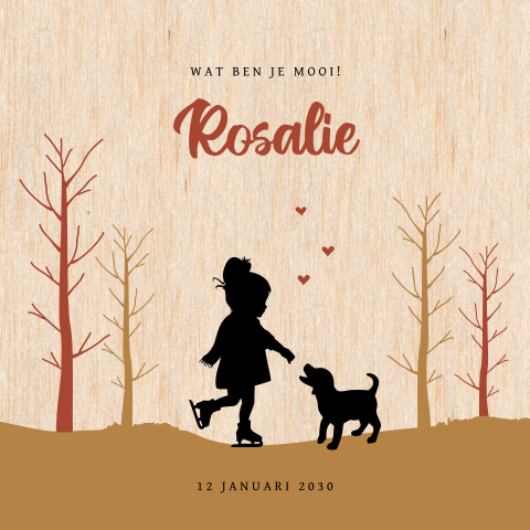 Lief winters echt houten geboortekaart dochter silhouetje hond schaats