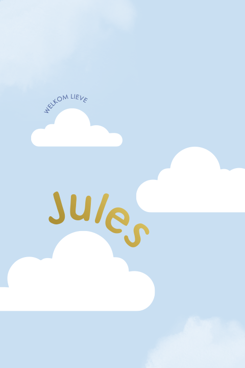 Leuk geboortekaartje met wolkjes en speelse letters