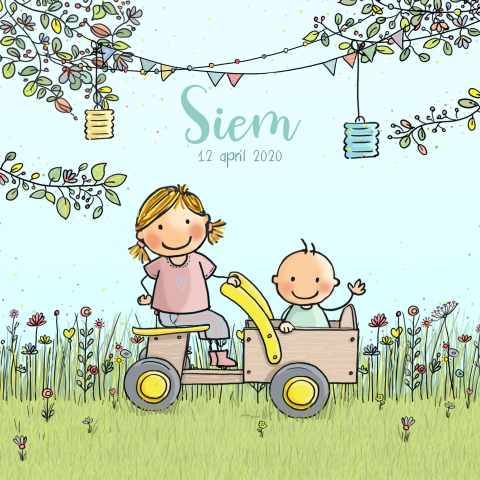 Geboortekaartje tekening broertje met grote zus in houten kar