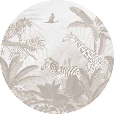 Grijsgroene behangcirkel met jungle thema voor in de babykamer