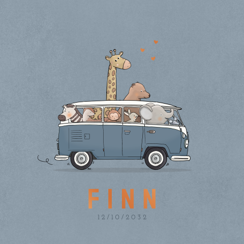 Vrolijk geboortekaartje met koperfolie en jungledieren in busje