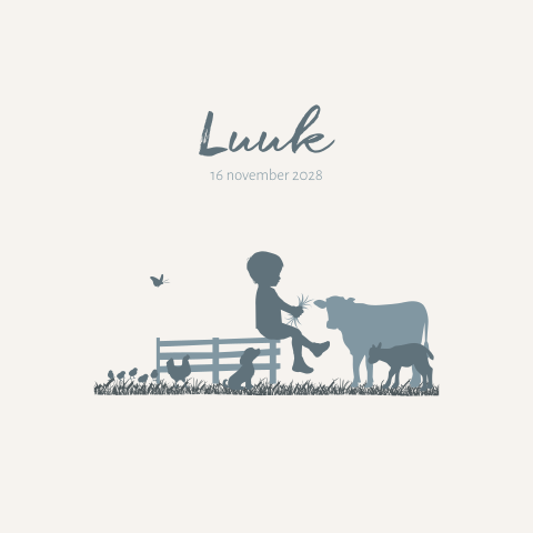 Geboortekaartje jongen blauw met boerderij thema