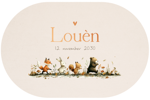 Leuk ovaal beige geboortekaartje met bosdieren