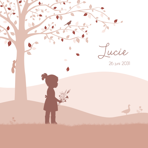 Oudroze geboortekaartje meisje met boom en silhouetje