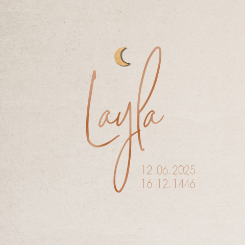 Islamitisch geboortekaartje meisje met koperfolie en houten maantje