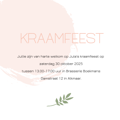 Stijlvol kraamfeestkaartje met roze brush en groen takje