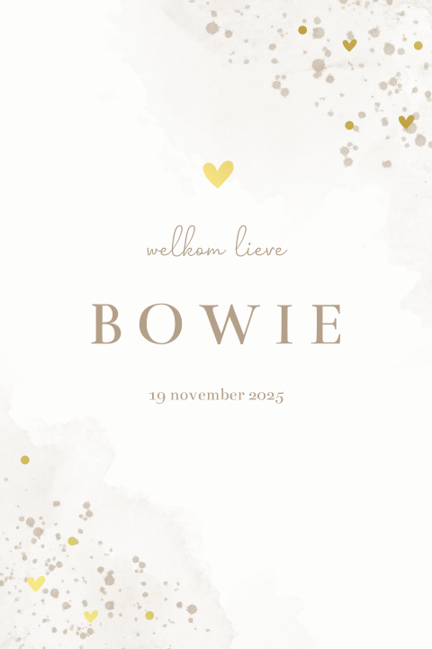 Stijlvol goudfolie geboortekaartje met watercolour en verfspetters