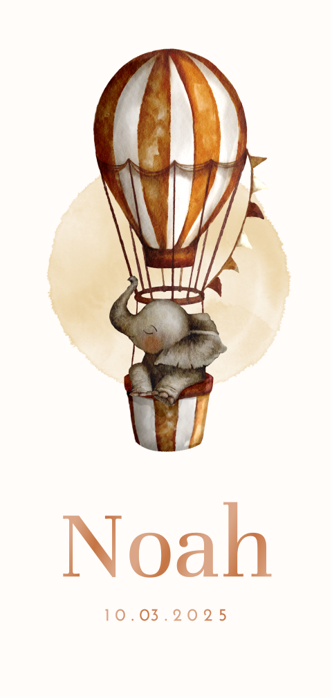 Trendy geboortekaartje met koperkleur luchtballon en olifantje