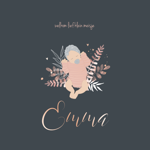 Origineel geboortekaartje voor meisje met baby en roségoudfolie