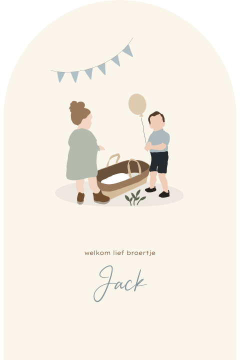 Uniek geboortekaartje met mand, slinger en ballon voor een broertje