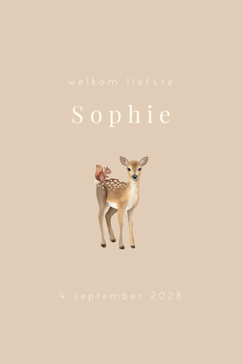 Prachtig geboortekaartje met getekend hertje en eekhoorn