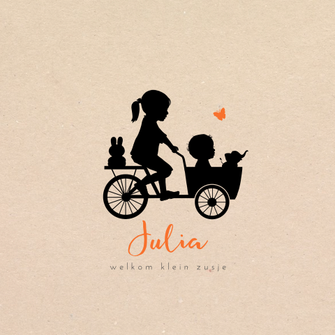 Hippe kraft geboortekaart met silhouet van bakfiets met twee zusjes