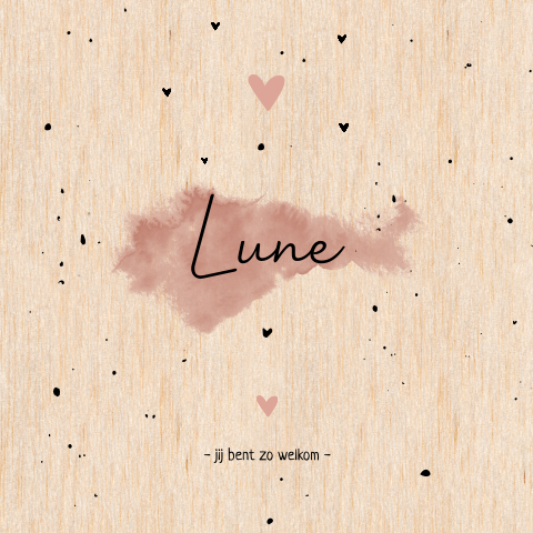 Echt houten geboortekaartje meisje met waterverf en spatten