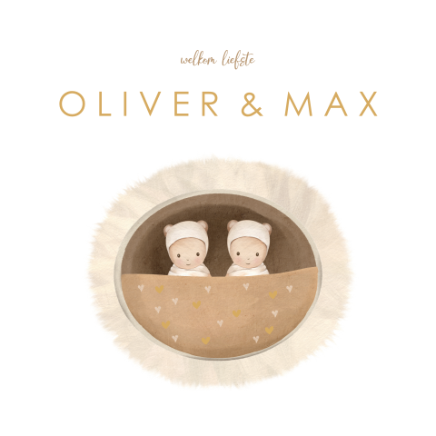 Tuinbord met tweeling in mandje met hartjes en okergele tekst