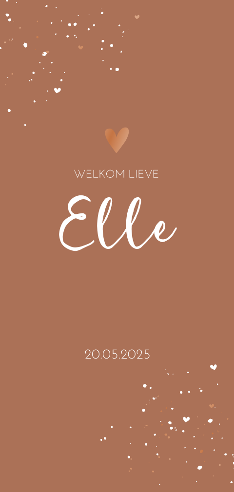 Trendy roestbruin geboortekaartje voor meisje met hoogglans hartje