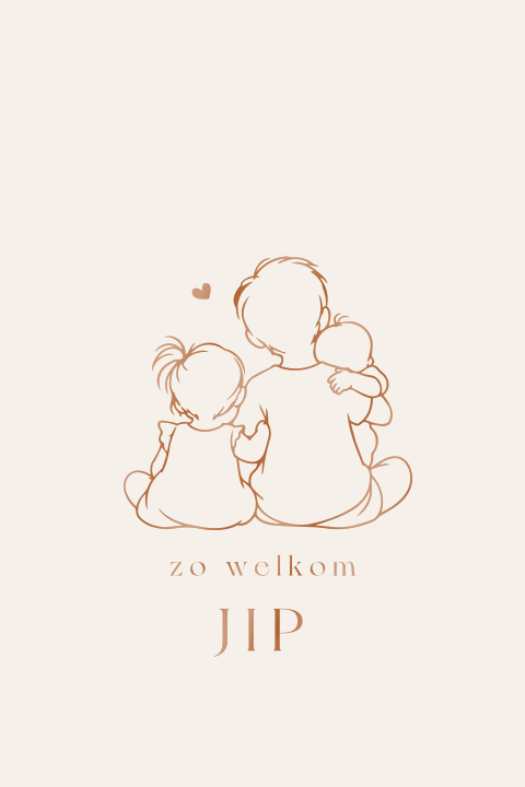 Neutraal geboortekaartje met lijntekening broer, zusje en baby