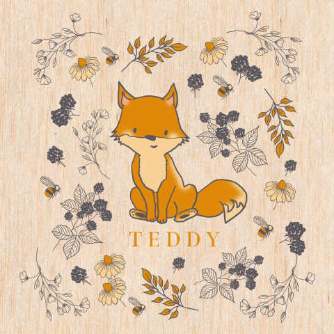 Houten geboortekaartje met lijntekeningen takjes, bloemen en vosje