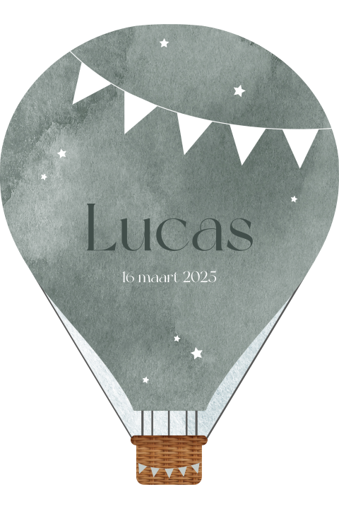 Bijzonder geboortekaartje in de vorm van luchtballon met witte slinger