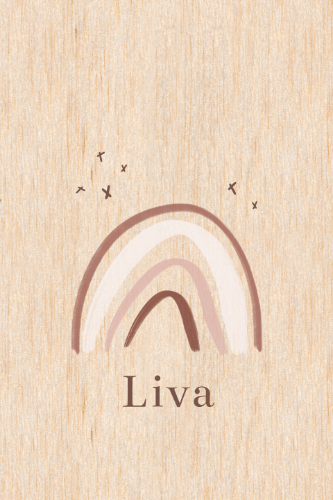 Trendy geboortekaartje op echt hout met roze watercolour regenboog