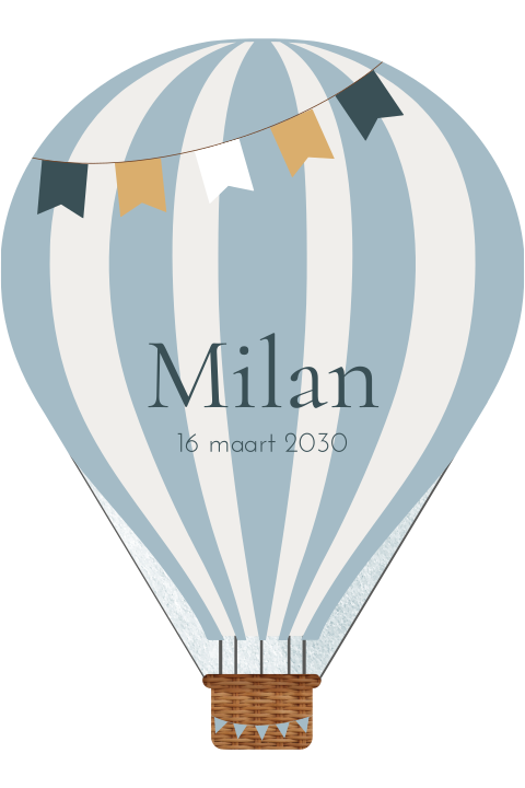 Uniek geboortekaartje in de vorm van een luchtballon met slingers