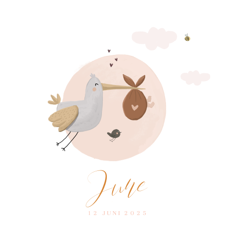 Lief babykaartje voor een meisje met ooievaar en vogeltje
