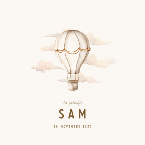 Prachtig geboortekaartje unisex met luchtballon en wolken