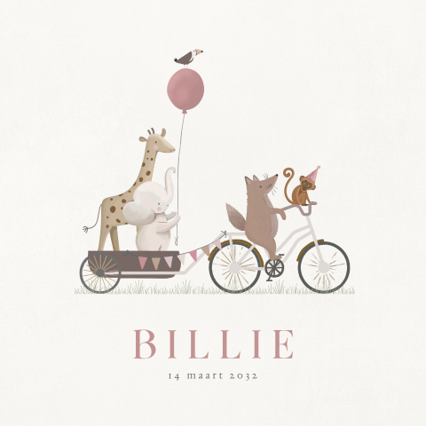 Lief geboortekaartje met roze ballon en dieren op fietsje