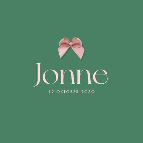 Lief geboortekaartje met groene color block en een echt roze strikje