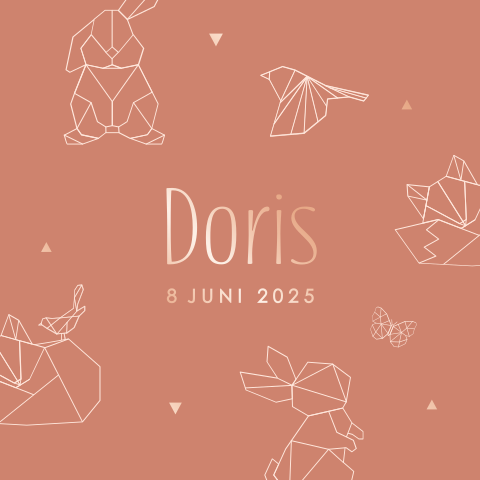 Stoer roségoudfolie geboortekaartje met geometrische dieren