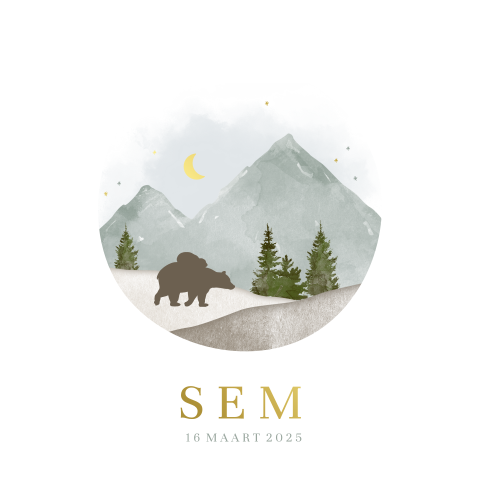 Goudfolie geboortekaartje met illustratie berglandschap en beertjes