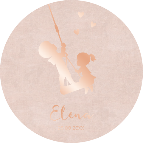 Rond roségoudfolie geboortekaartje met silhouetjes voor een zusje