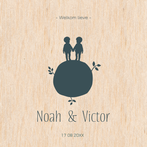 Echt houten geboortekaartje met silhouette voor tweeling jongetjes