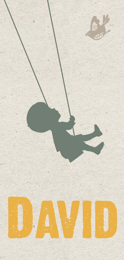 Hip geboortekaartje met silhouet van jongen op een schommel