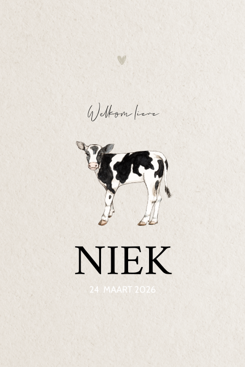 Lief getekend geboortekaartje met kalfje en hartje