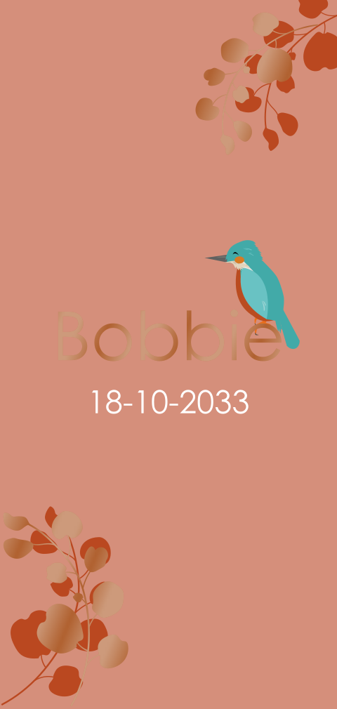 Lief geboortekaartje met hoogglans, ijsvogel en takjes