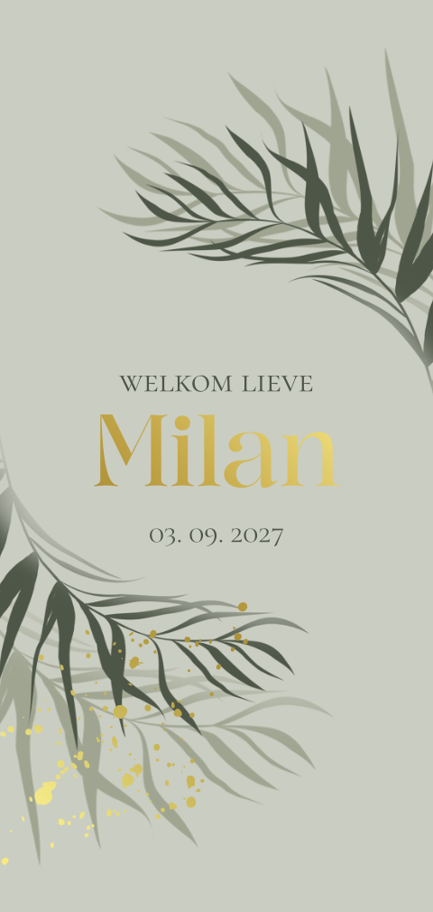 Groen geboortekaartje jongen met goudfolie en jungle takken