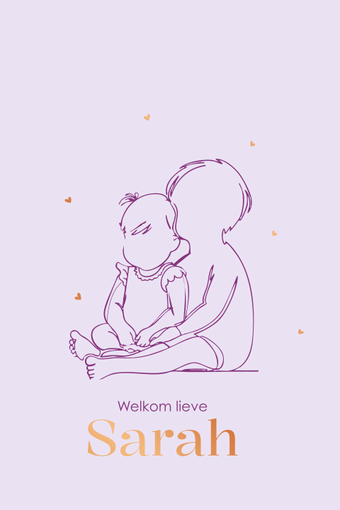 Lief babykaartje met zusje en broer in lijntekening en koperfolie naam