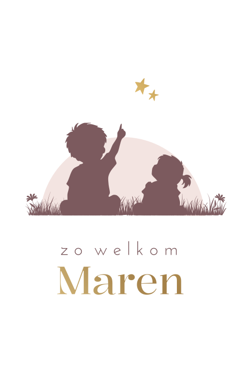Geboortekaartje met silhouet grote broer en zusje die kijken naar een ster