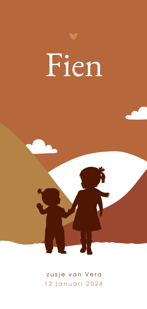 Winters geboortekaartje met silhouetje van twee zusjes in sneeuw