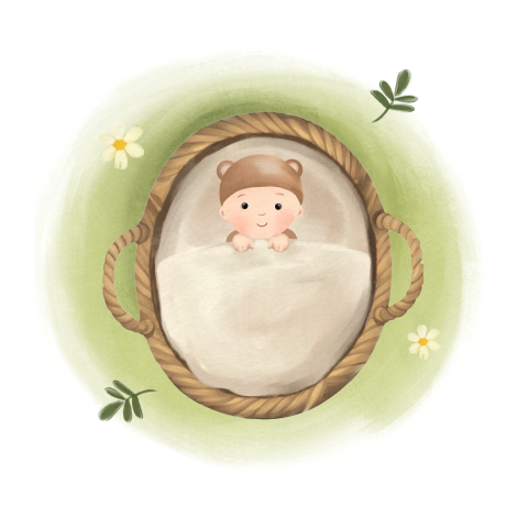 Sluitsticker met baby mandje in het gras