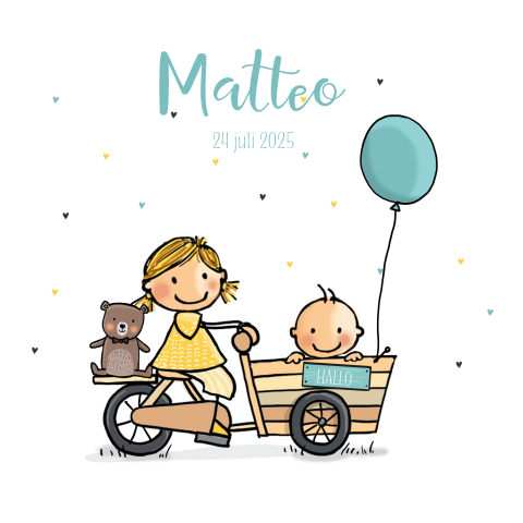 Vrolijke geboortekaart met tekening broertje in bakfiets met zus