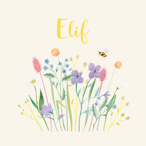 Vrolijk geboortekaartje voor een meisje met een veldboeket