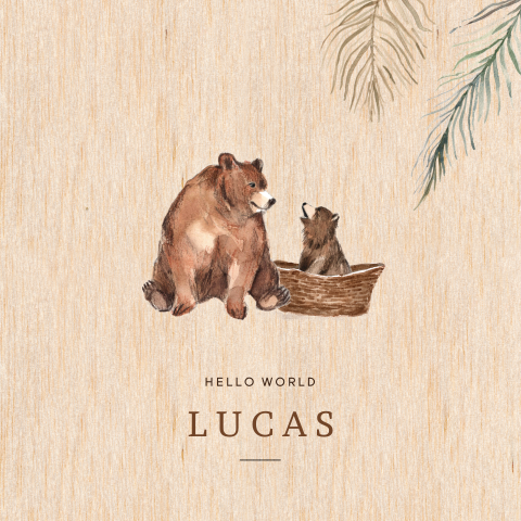 Echt houten geboortekaartje met beertjes en groene takjes