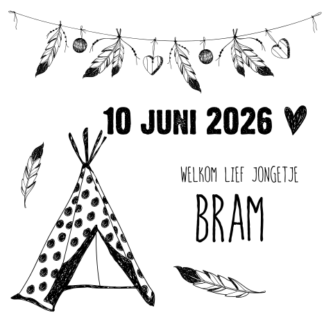 Hippe geboortekaart voor je zoon met tipi en veertjes