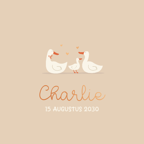 Lief beige geboortekaartje met gezin eendjes en hartjes