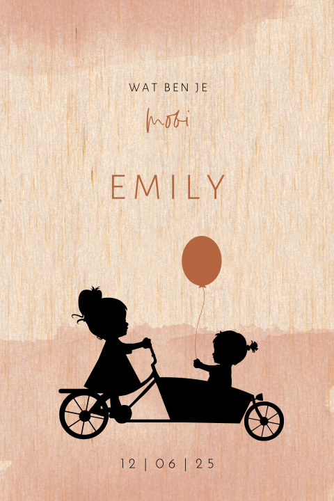 Hip houten geboortekaartje voor zusje met watercolor