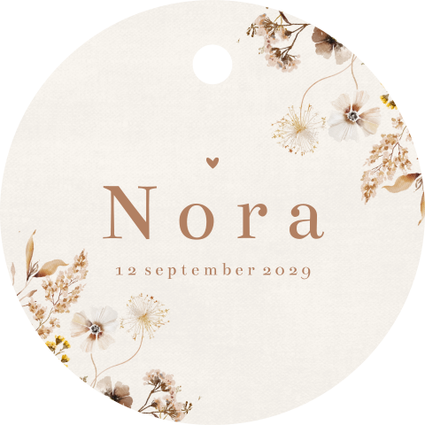 Doopsuiker labeltje beige met veldbloemen en naam