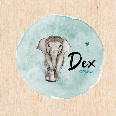 Echt houten geboortekaart voor jongen met olifantje